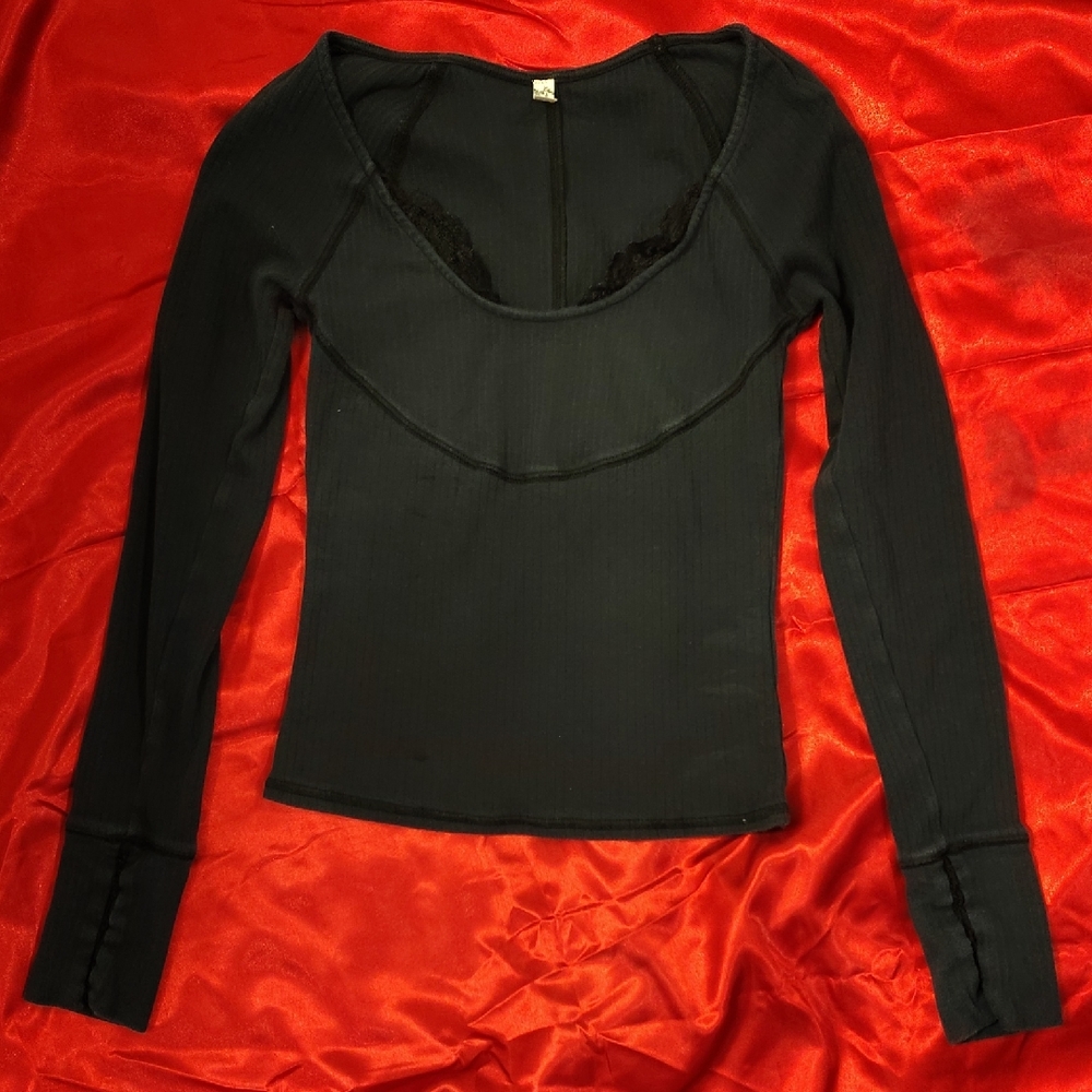 Free People Black Long Sleeve Ribbed Top With Lace Detail